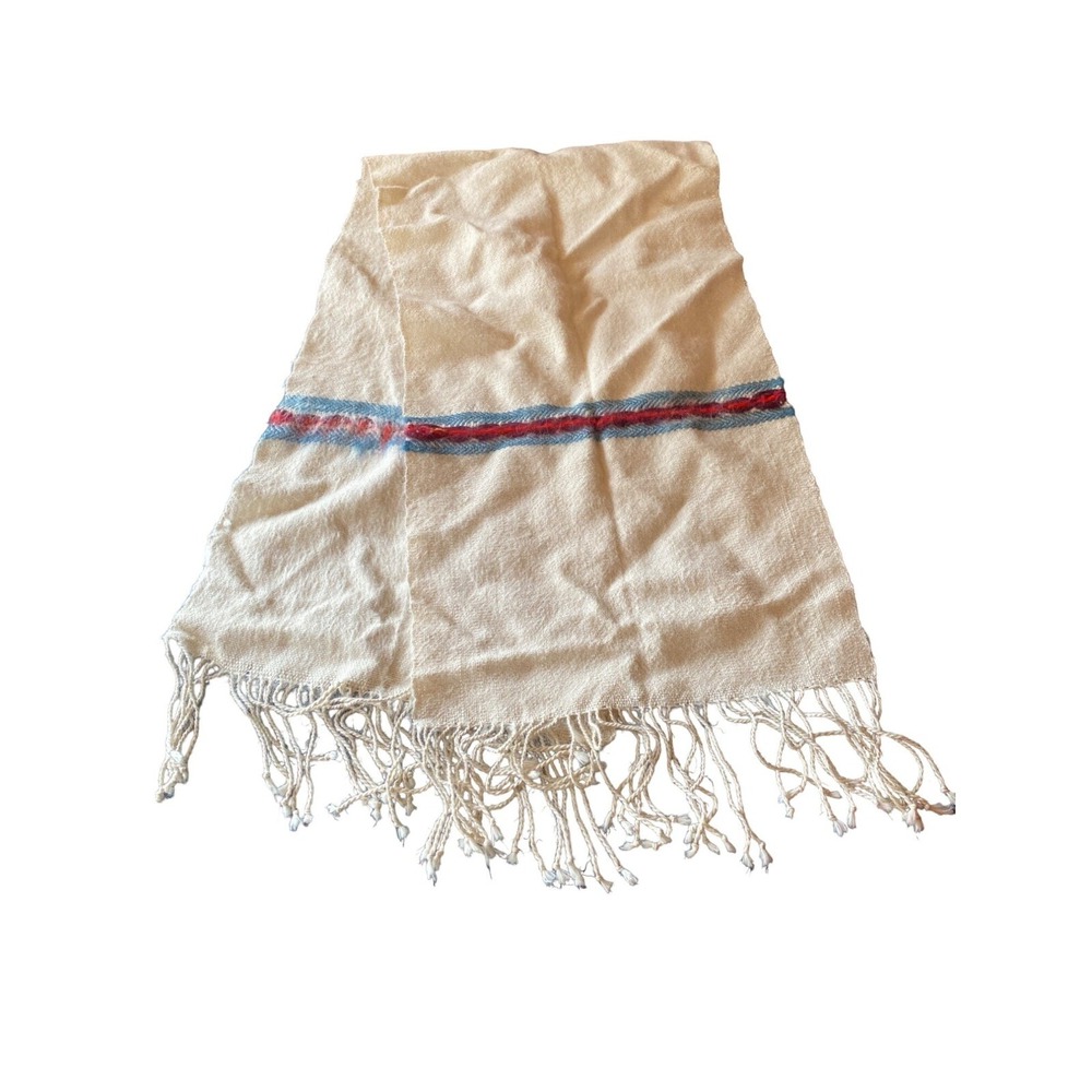 Ethnic Native, Beige Wrap Scarf Fringe Alpaca Trim One Size
